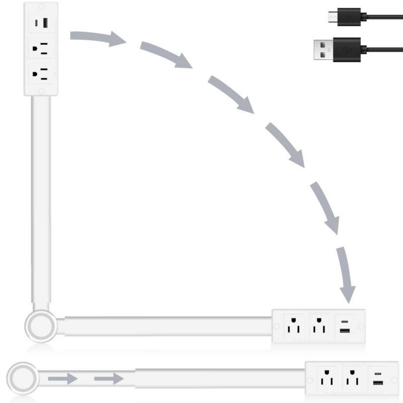 HeiLuon Extensor de Toma Corriente con USB-C, USB-A y 2 Salidas AC, Regleta Multicontacto Escritorio Extensible 45–70 cm, Gira 1