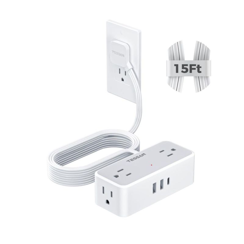 TESSAN Extension Electrica Plano 4,5 M, Plana Regleta Multicontacto Extensión con Protector de Sobretensión, 4 Salidas de CA y 3