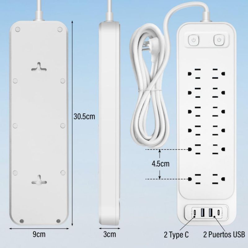 GALASALA Regleta Multicontacto, Extensión Eléctrica de 1,8 M, Enchufe Plano, 12 Tomas de Ca, 4 USB (2 USB-C), Conector Multivía
