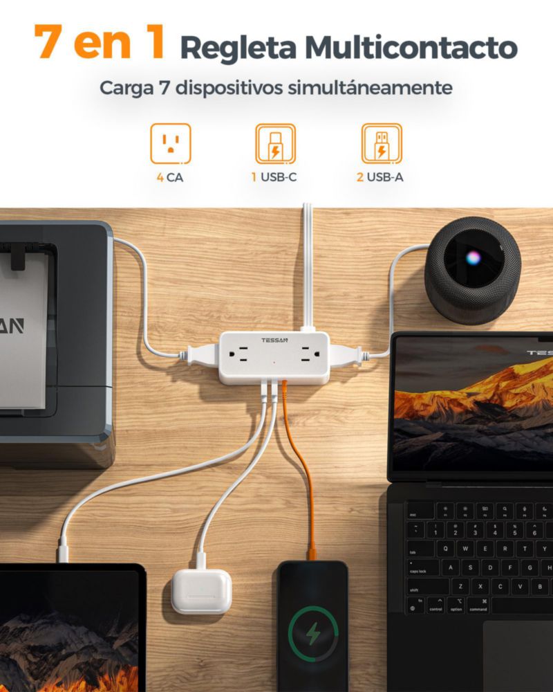 TESSAN Extension Electrica Plano 1.5 M, Plana Regleta Multicontacto Extensión con Protector de Sobretensión, 4 Salidas de CA y 3