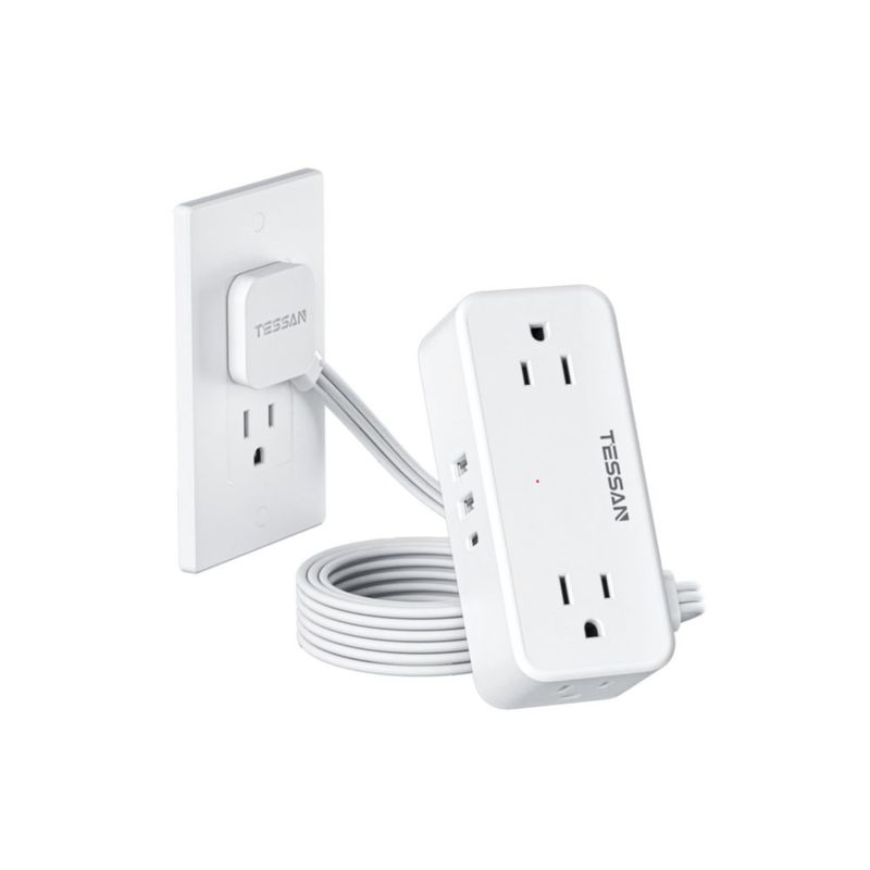 TESSAN Extension Electrica Plano 1,5 M, Plana Regleta Multicontacto Extensión con Protector de Sobretensión, 4 Salidas CA y 3 US