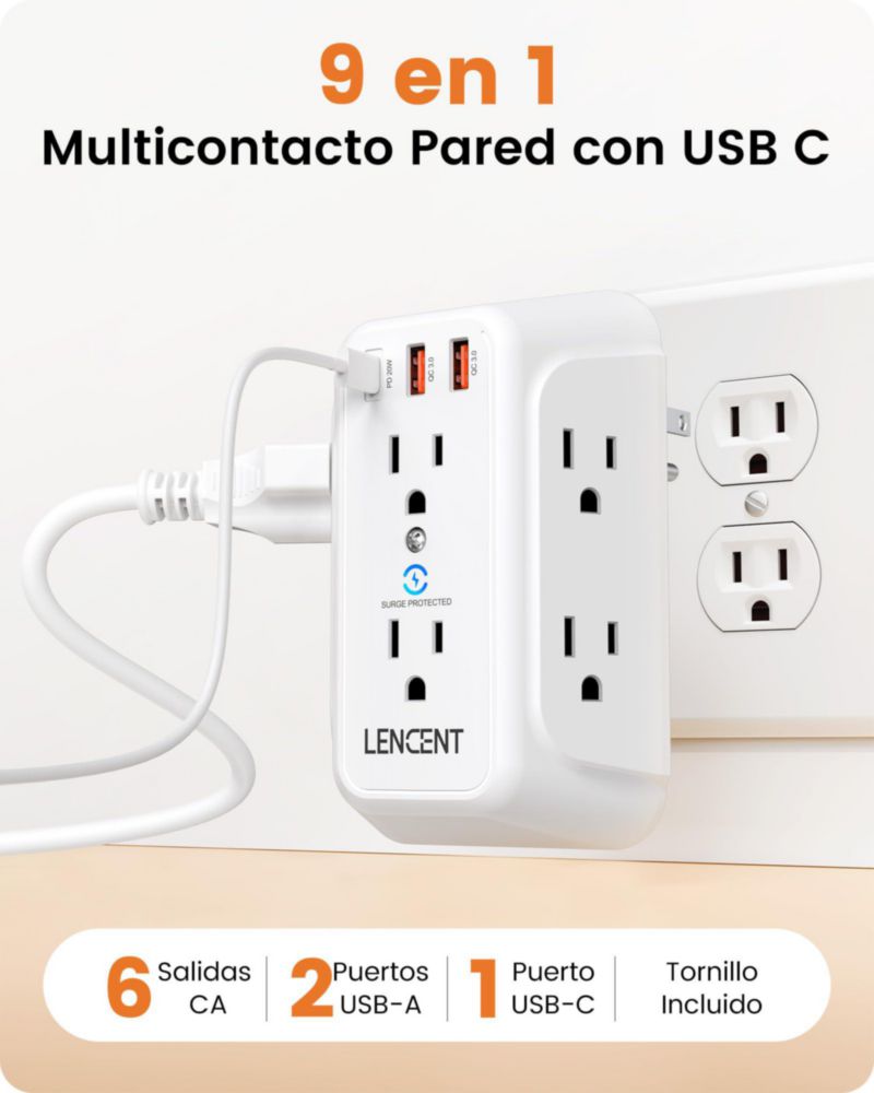 LENCENT Cargador de Pared con USB Carga Rápida 1875W, Protector de Sobretensión, 6 Salidas+ 2 Puertos QC3.0 + 1 PD20W, Multicont