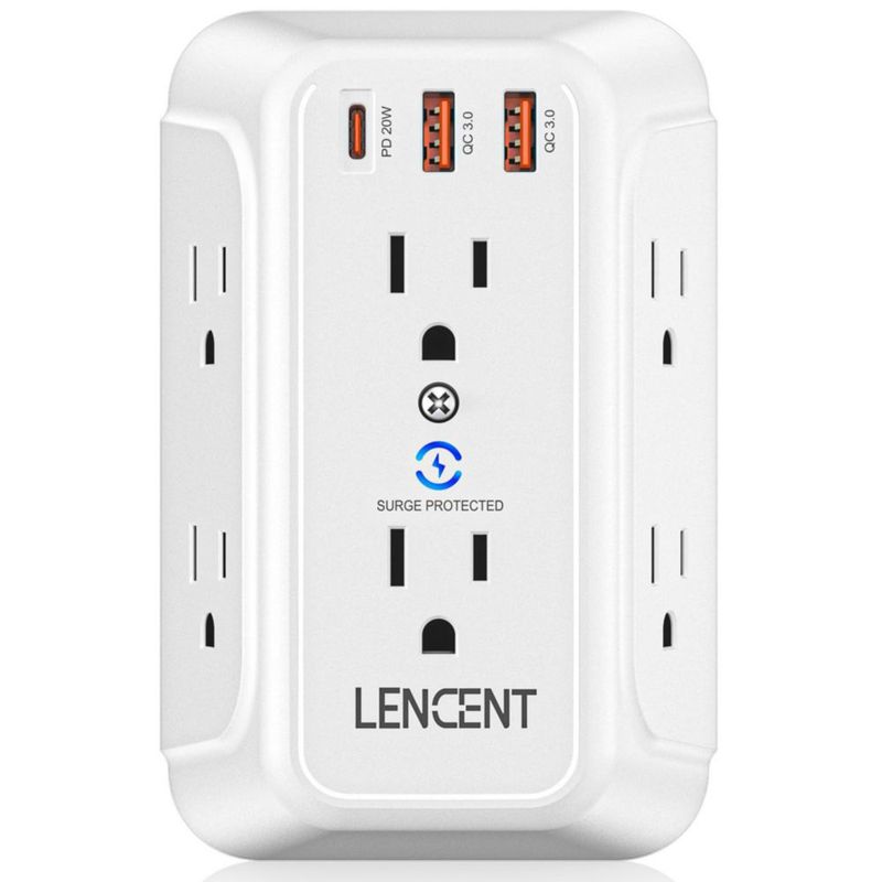 LENCENT Cargador de Pared con USB Carga Rápida 1875W, Protector de Sobretensión, 6 Salidas+ 2 Puertos QC3.0 + 1 PD20W, Multicont