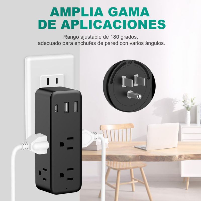 BOPARTE Regleta Enchufe Giratorio de 180° con 6 CA y 2 USB + 1 Type-C Pared Adaptador Clavija (5 V / 2,4 A) para Oficina de Viaj