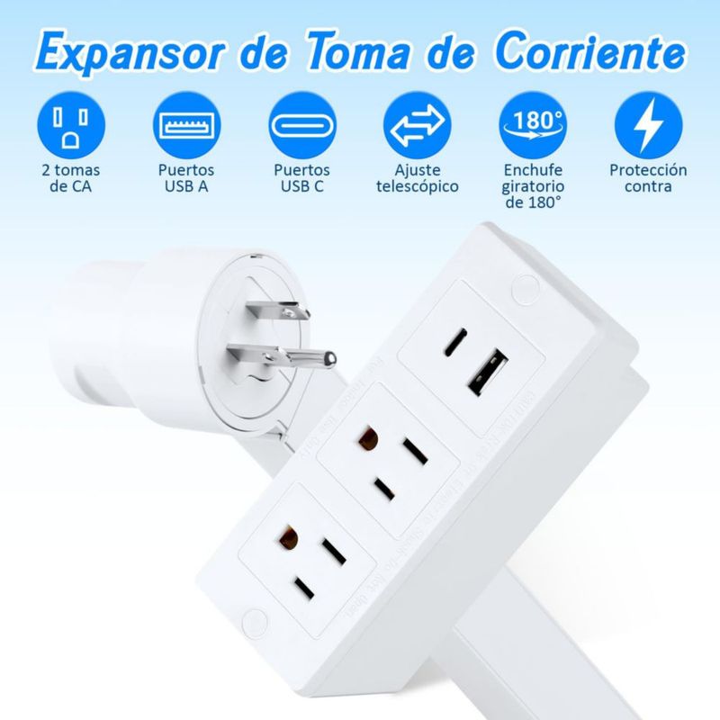 BTOOTB Expansor de Toma de Corriente, Extensor de Toma Corriente, Cuenta con USB-A, USB-C y 2 Salidas de CA, Gira 180, Extiende