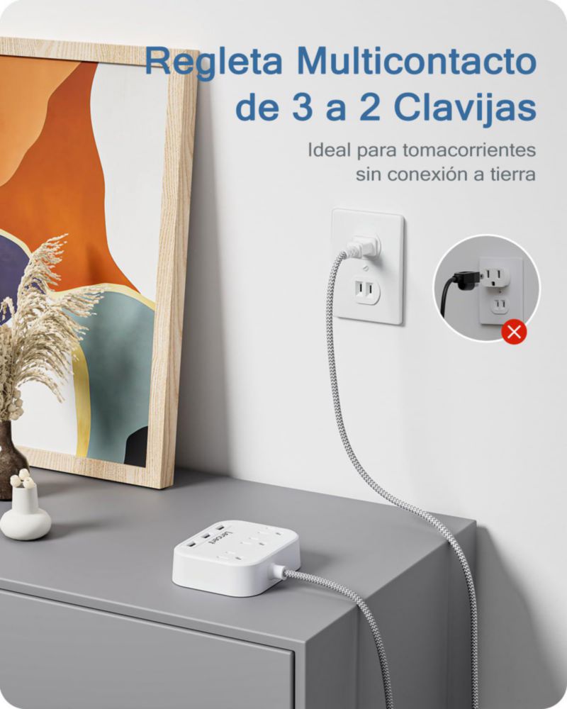 LENCENT Regleta Multicontacto, Extensor de Enchufe con 3 Salidas CA y 3 Puertos USB, Extensión Multicontacto con Cable Trenzado