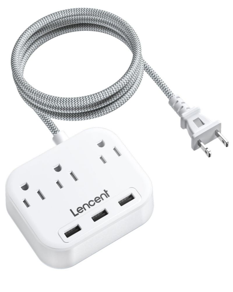 LENCENT Regleta Multicontacto, Extensor de Enchufe con 3 Salidas CA y 3 Puertos USB, Extensión Multicontacto con Cable Trenzado