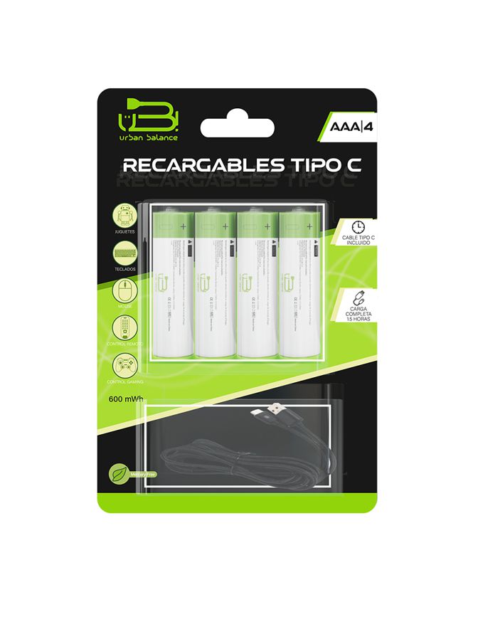 Pilas Recargables Urban Balance AAA Con Cable Tipo C De 1.5v 4 Piezas