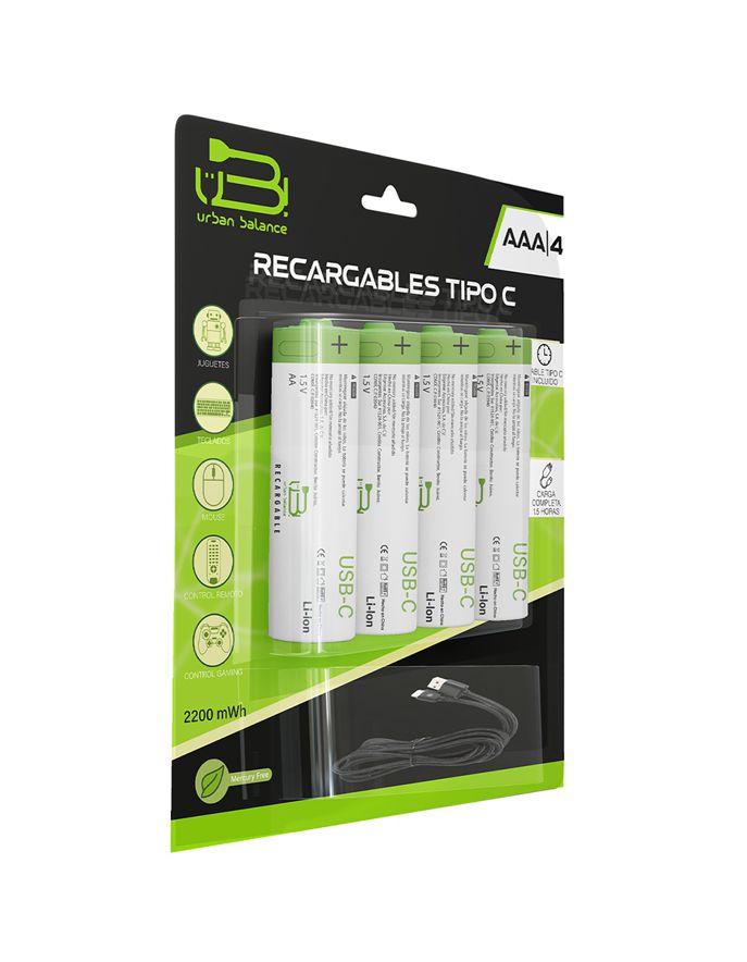Pilas Recargables Urban Balance AAA Con Cable Tipo C De 1.5v 4 Piezas