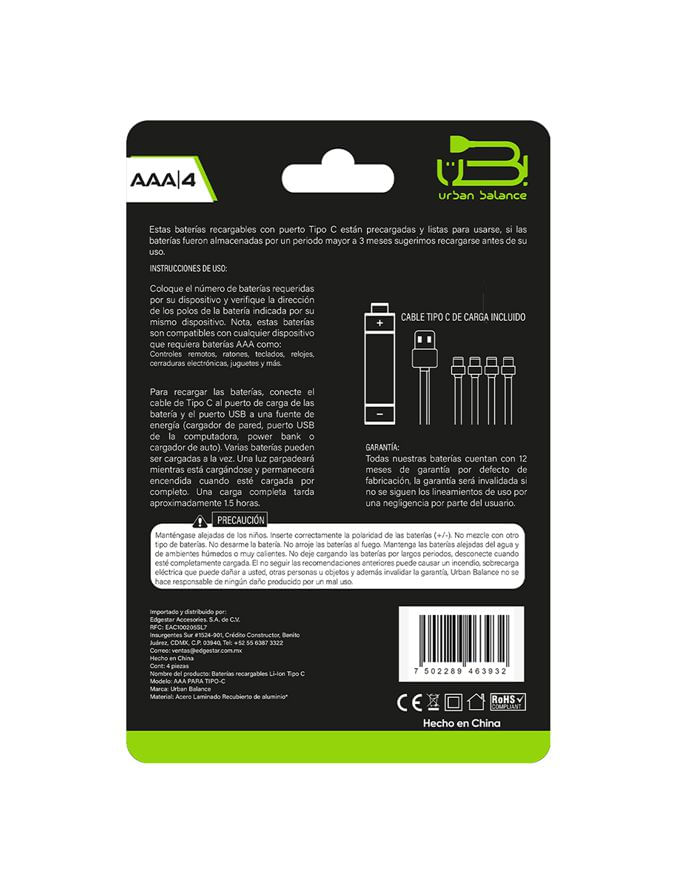 Pilas Recargables Urban Balance AAA Con Cable Tipo C De 1.5v 4 Piezas