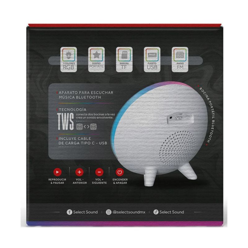 Bocina Bluetooth Portátil Modelo Aura Select Sound BT235 Luz Led Rgb Tws Radio Fm