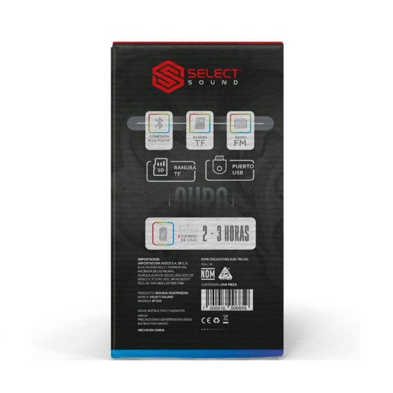 Bocina Bluetooth Portátil Modelo Aura Select Sound BT235 Luz Led Rgb Tws Radio Fm