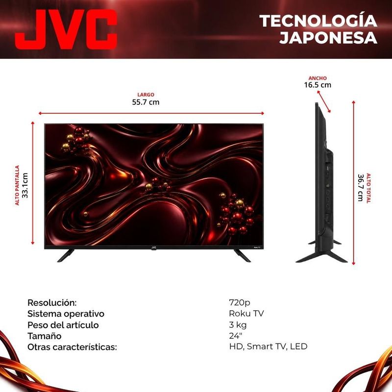 JVC Pantalla Televisión Smart TV 24 Pulgadas LED HD Roku Dolby Audio 3 HDMI 1 USB 1 AV SI24R