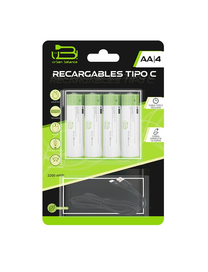Pilas Recargables Urban Balance AA Con Cable Tipo C De 1.5v 4 Piezas
