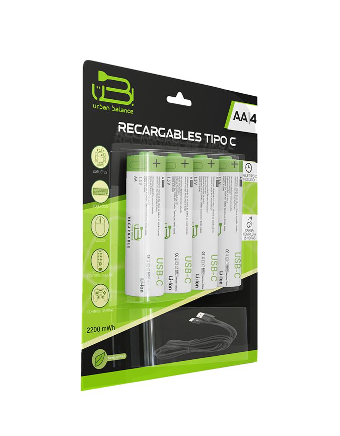 Pilas Recargables Urban Balance AA Con Cable Tipo C De 1.5v 4 Piezas