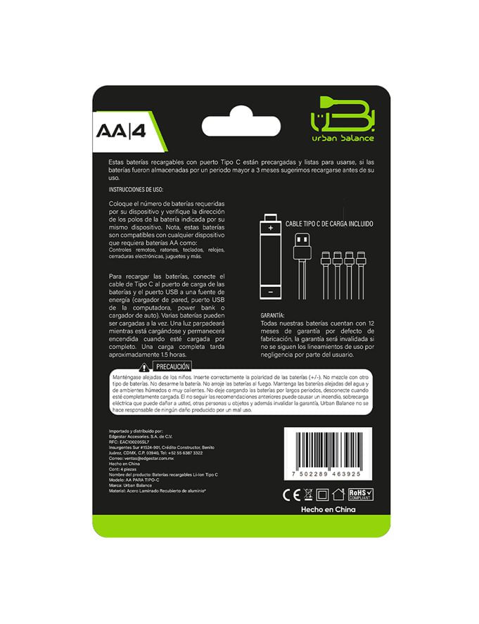 Pilas Recargables Urban Balance AA Con Cable Tipo C De 1.5v 4 Piezas