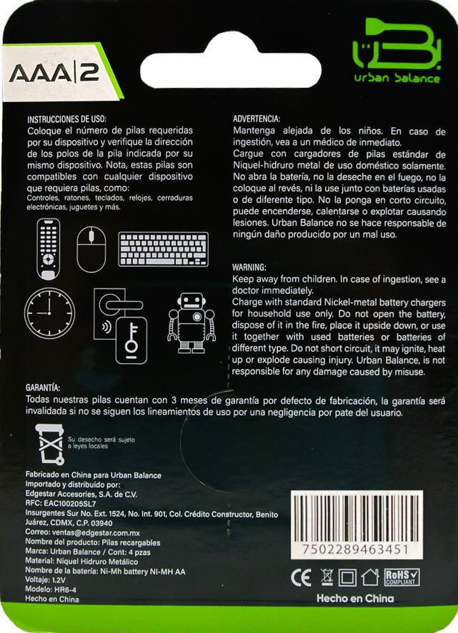 Baterías Recargables de Níquel-Metalhidruro AAA 2 Piezas