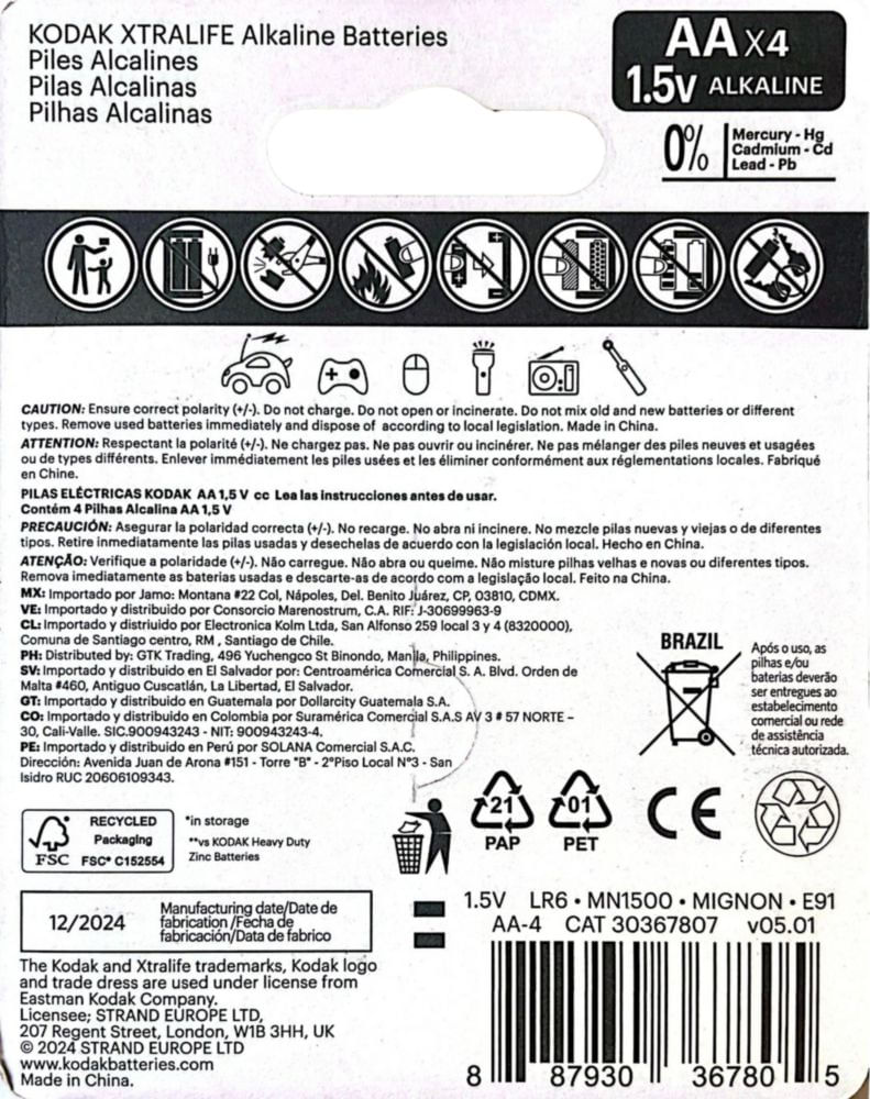 Pila Alcalina Kodak Xtralife AAA blister 24 pzas (2x12)