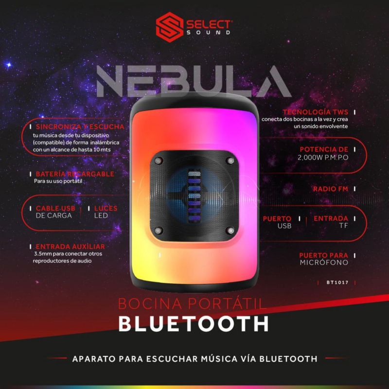 Bocina Inalámbrica Bluetooth Portátil Recargable Modelo Nebula Tws Radio Fm BT1017