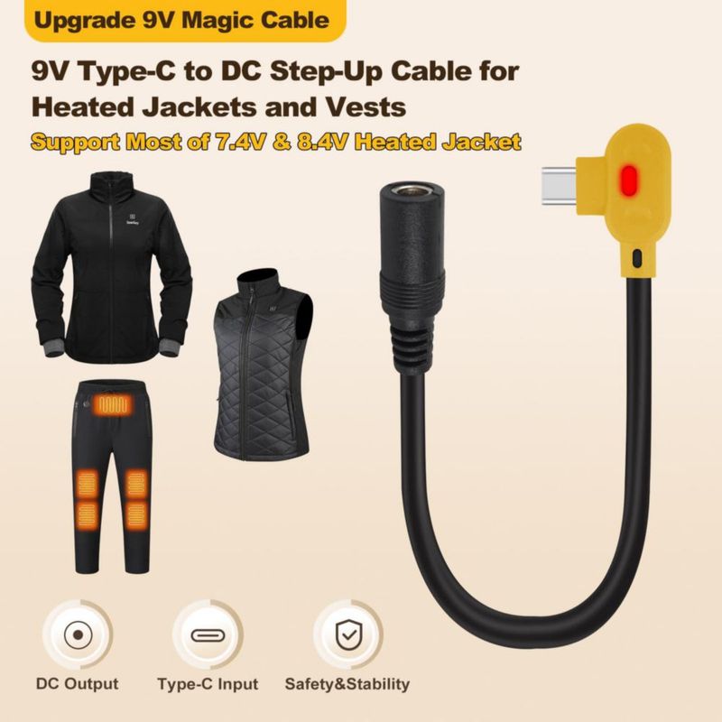 Cable adaptador elevador de batería Heated Jacket Smarkey de 9 V