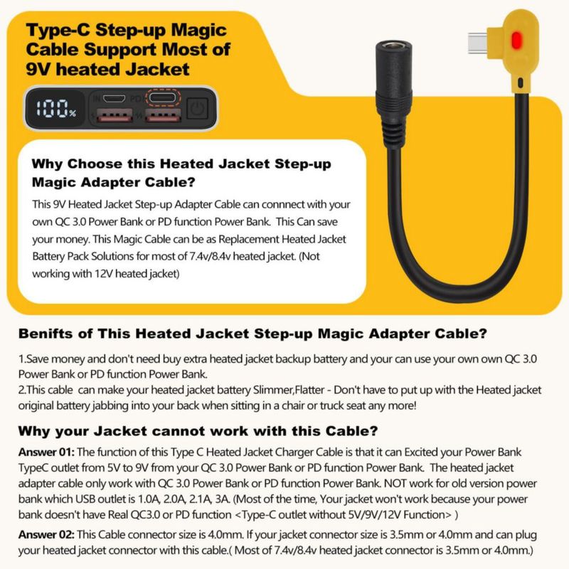 Cable adaptador elevador de batería Heated Jacket Smarkey de 9 V