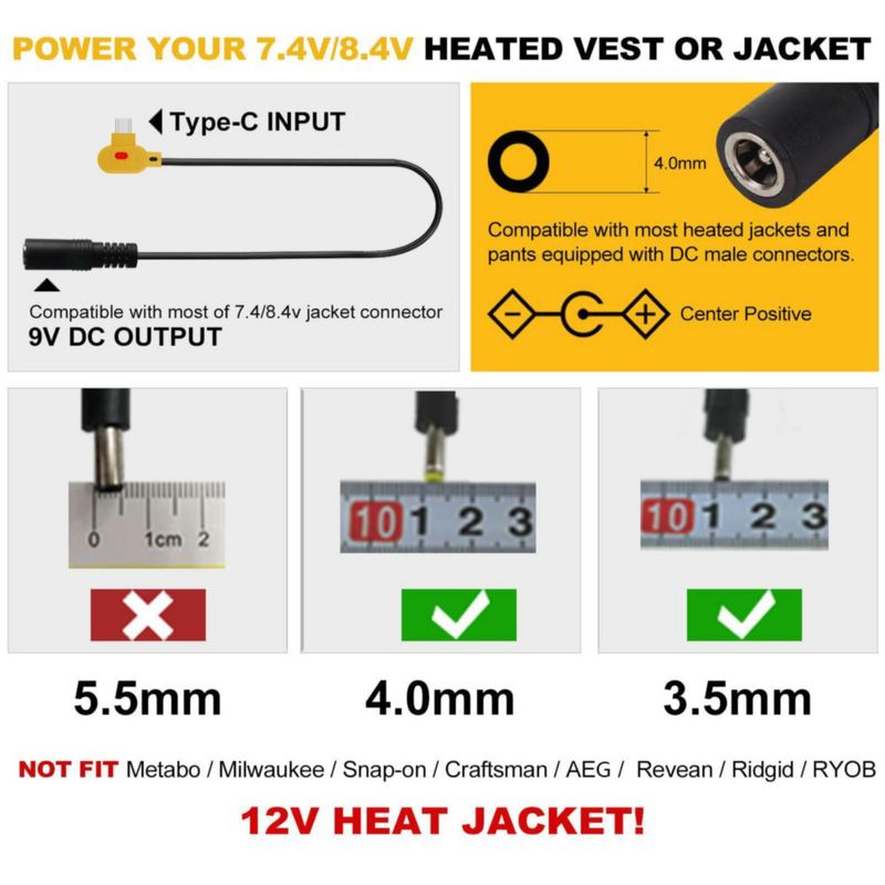 Cable adaptador elevador de batería Heated Jacket Smarkey de 9 V