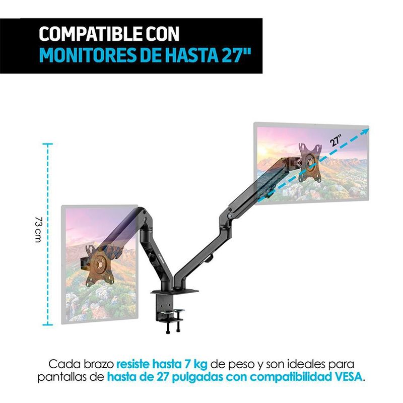 Soporte Hidráulico para 2 Monitores de Hasta 27” Ajustable