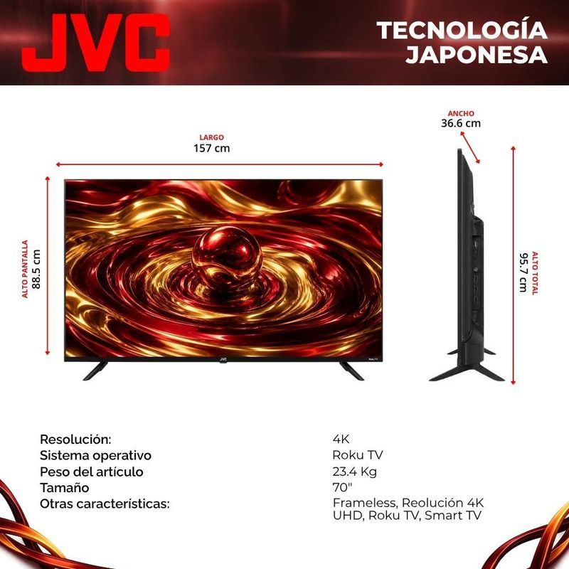 JVC Pantalla Televisión Smart TV 70 Pulgadas LED 4K UHD Roku Frameless Dolby Audio 3 HDMI 2 USB 1 AV SI70URF