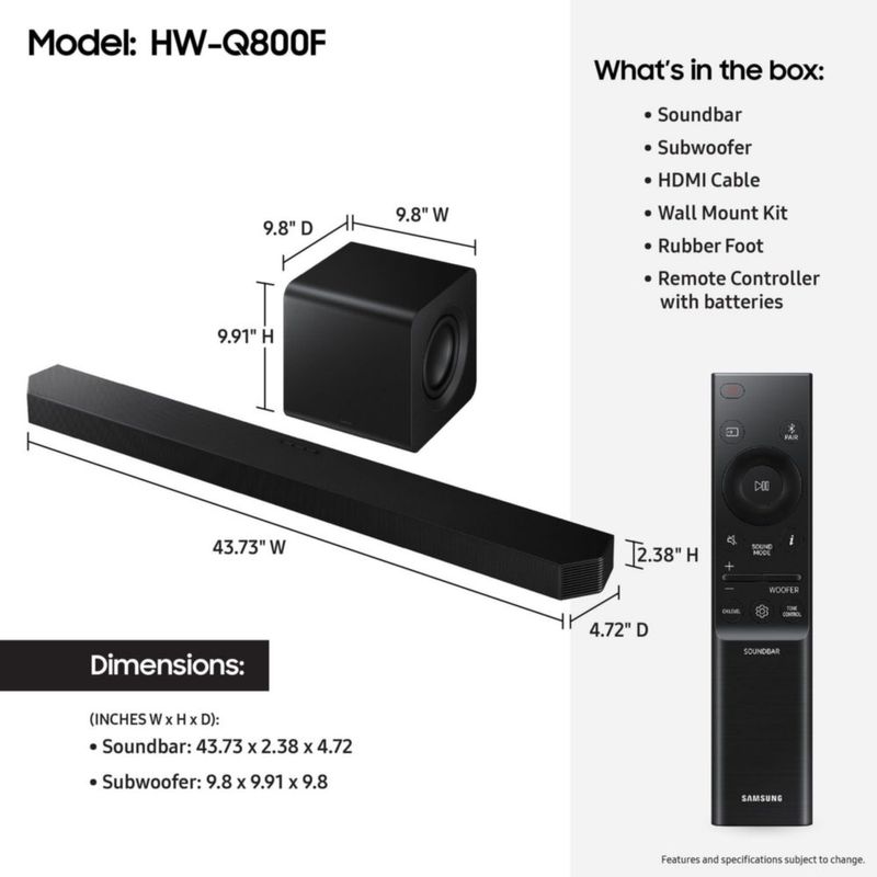 Barra de sonido Samsung Q800F 5.1.2 canales serie Q con subwoofer