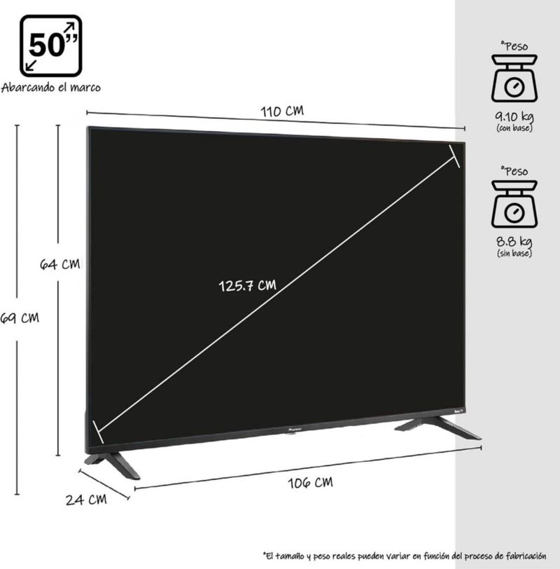 Pantalla Smart TV Pioneer 50” 4K UHD Roku HDR Dolby Audio WiFi Netflix YouTube HDMI USB