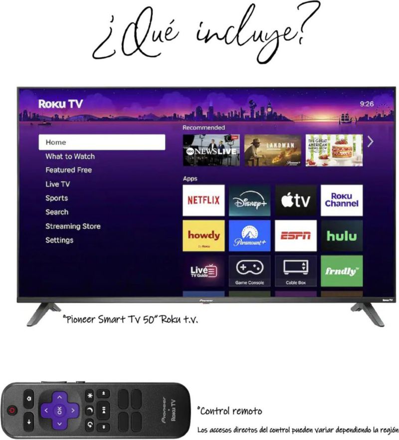 Pantalla Smart TV Pioneer 50” 4K UHD Roku HDR Dolby Audio WiFi Netflix YouTube HDMI USB