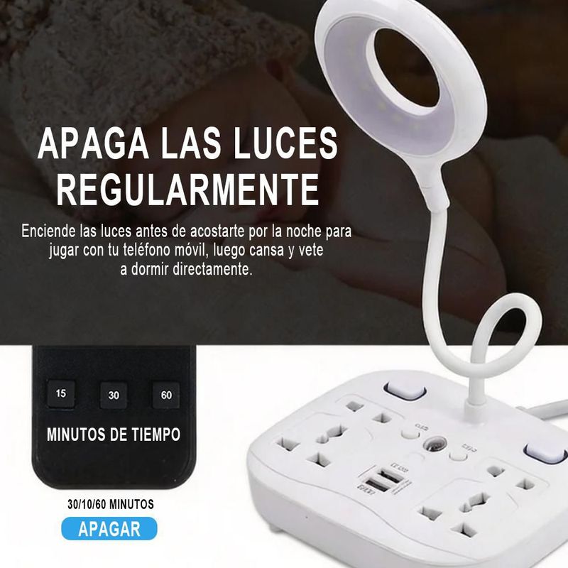 Enchufe y Lámpara de Escritorio 2 en 1,Regleta con Luz LED para Estudio y Trabajo, Base Estable con Tomas USB y Enchufe para Noche.HOGAWAY