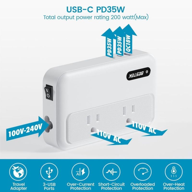 Convertidor de voltaje BESTEK 220V a 110V USB‑C 35W 300W