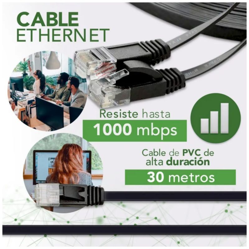 Cable Red Plano Categoría 6 Cat6 Rj45 Utp Ethernet 30 Metros Color Negro