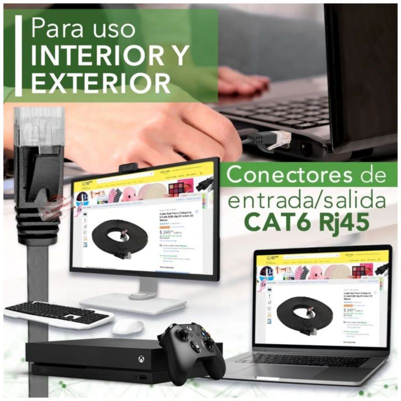 Cable Red Plano Categoría 6 Cat6 Rj45 Utp Ethernet 30 Metros Color Negro