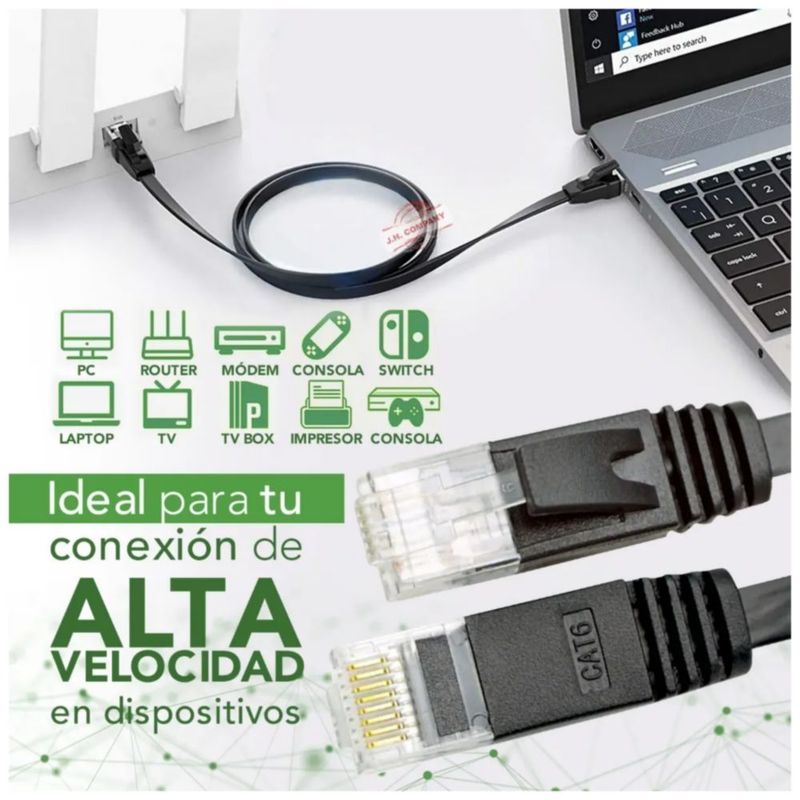 Cable Red Plano Categoría 6 Cat6 Rj45 Utp Ethernet 30 Metros Color Negro
