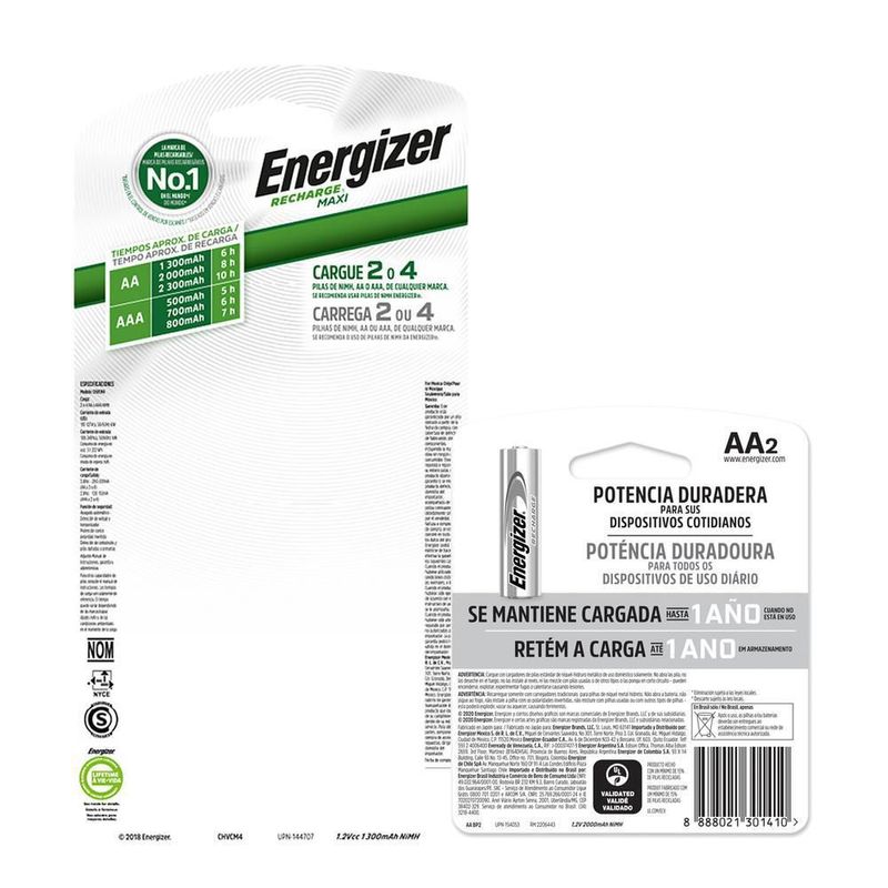 Cargador de pilas energizer maxi + 2 pilas aaa recargables
