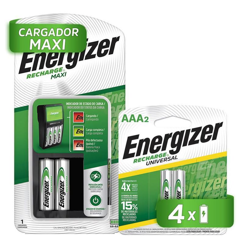 Cargador de pilas energizer maxi + 2 pilas aaa recargables