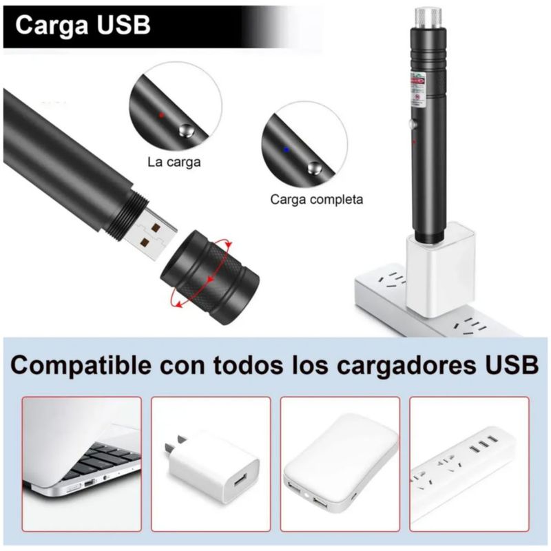 Puntero Láser Verde Proyector Con Carga Usb Recargable 20km, Color Negro