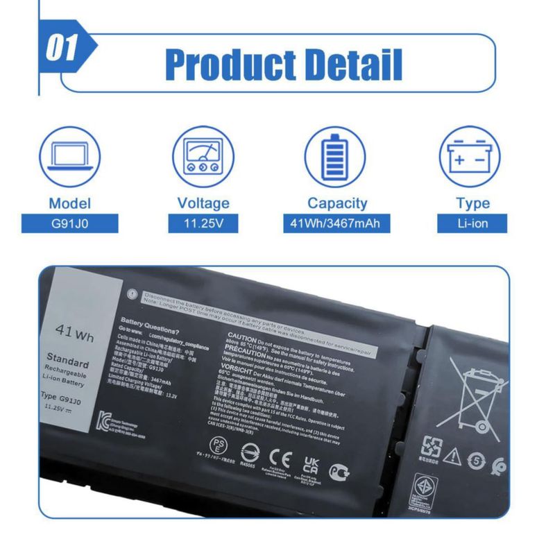 Batería para portátil Dentsing 41Wh 11.25V G91J0