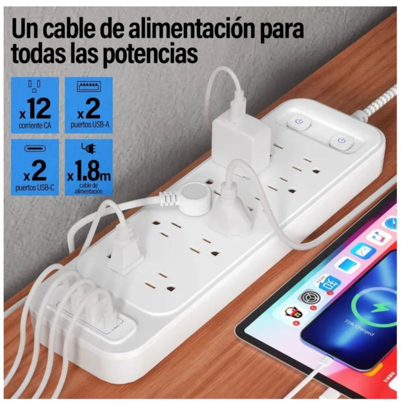 Multicontacto De 12 Tomas Con 4 Usb, Largo Del Cable De 2m, Color Blanco