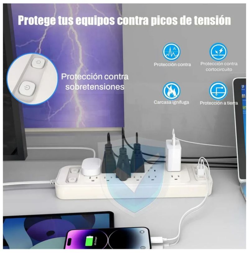 Multicontacto De 12 Tomas Con 4 Usb, Largo Del Cable De 2m, Color Blanco