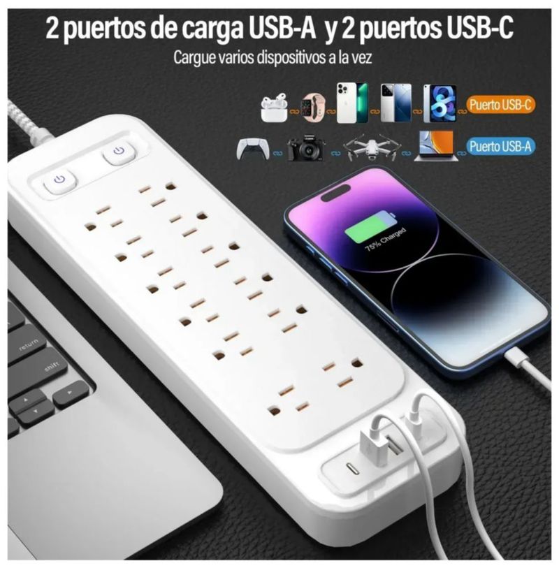 Multicontacto De 12 Tomas Con 4 Usb, Largo Del Cable De 2m, Color Blanco