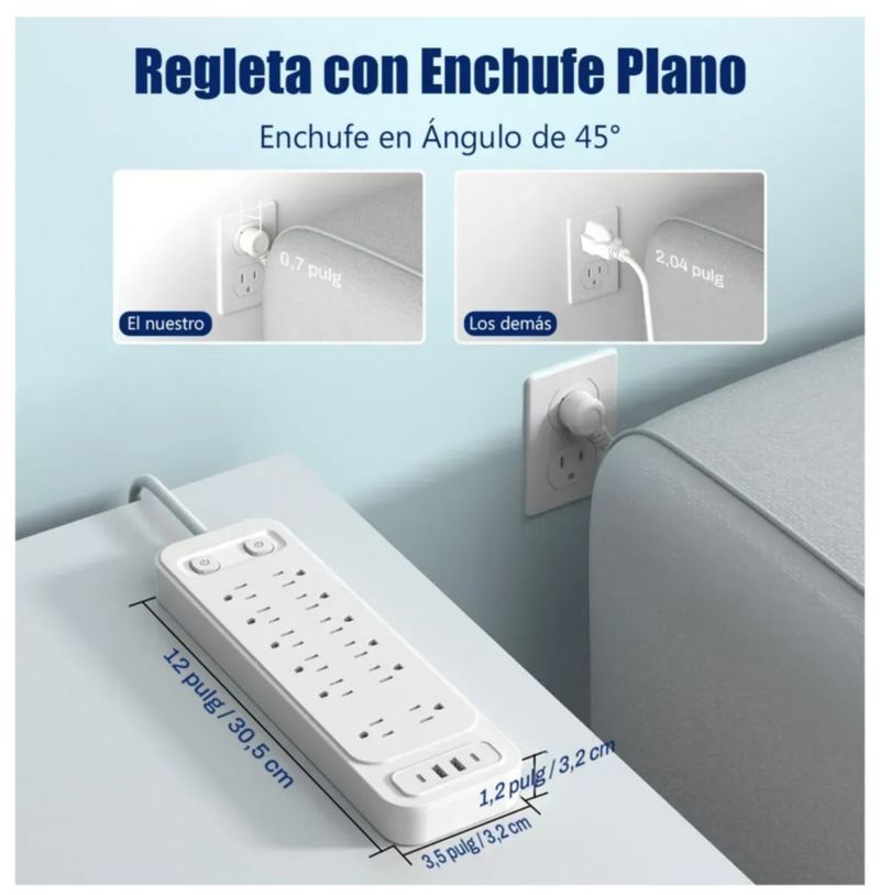 Multicontacto De 12 Tomas Con 4 Usb, Largo Del Cable De 2m, Color Blanco