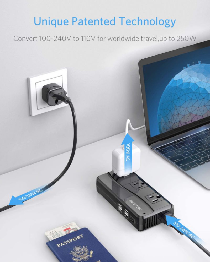 Convertidor de potencia BESTEK de 250 W 3 salidas y 4 puertos USB de 220 V a 110 V