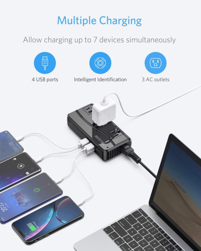 Convertidor de potencia BESTEK de 250 W 3 salidas y 4 puertos USB de 220 V a 110 V