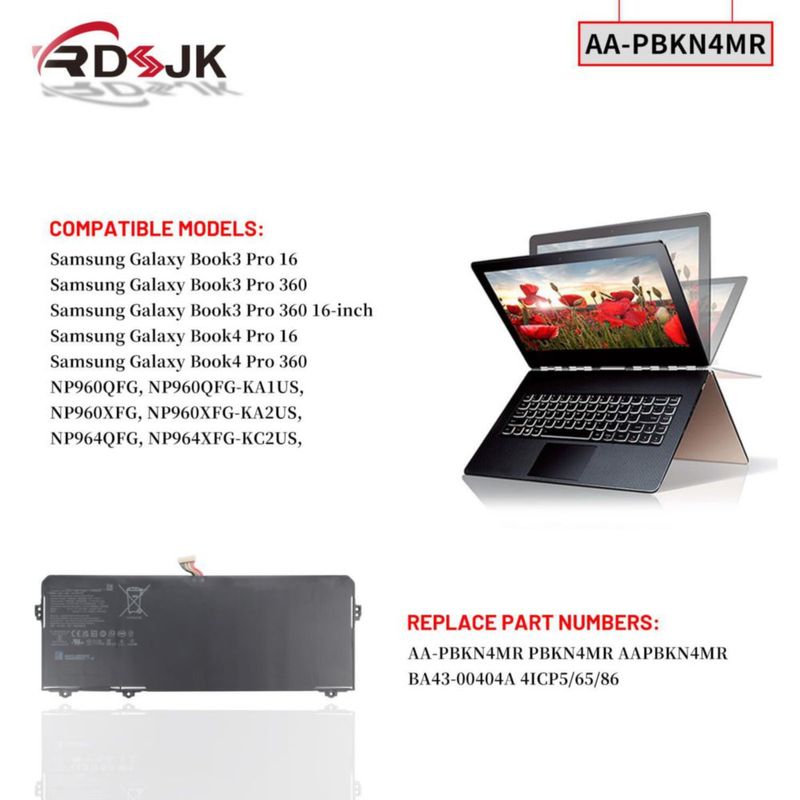 Batería para portátil RDSJ AA-PBKN4MR para Samsung Galaxy Book3 Book4 Pro 360 Book 3 PRO NP960QFG NP960QFG-KA1US NP960XFG NP960XFG-KA2US NP964QFG