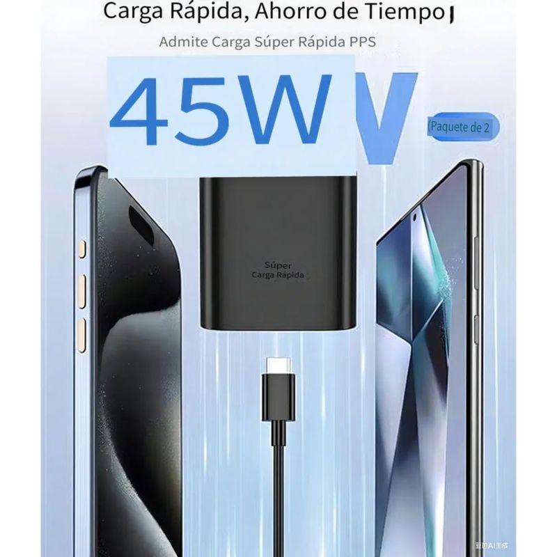 Cargador Tipo C De 45w Para Samsung S23 S23 Ultra 2 Piezas Negro