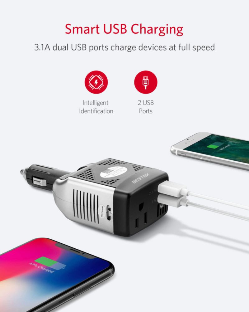 Inversor de Potencia BESTEK 150W 12V a 110V 3.1A USB