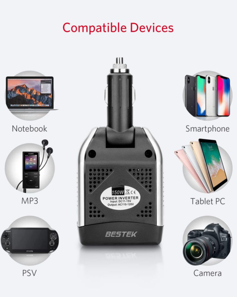 Inversor de Potencia BESTEK 150W 12V a 110V 3.1A USB